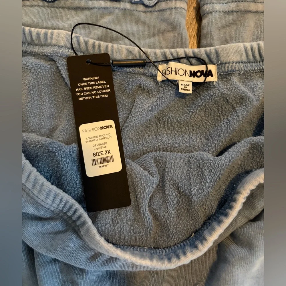 Fashion Nova Strapless Blue Drawstring Jumpsuit - Picture 3 of 5